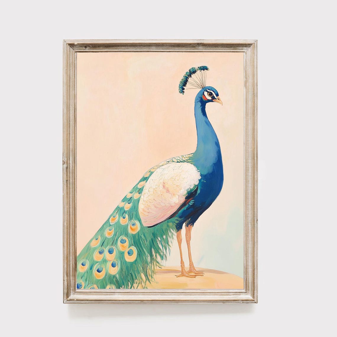 Vibrant Peacock Painting Pastel Blush Background Bird Wall Art