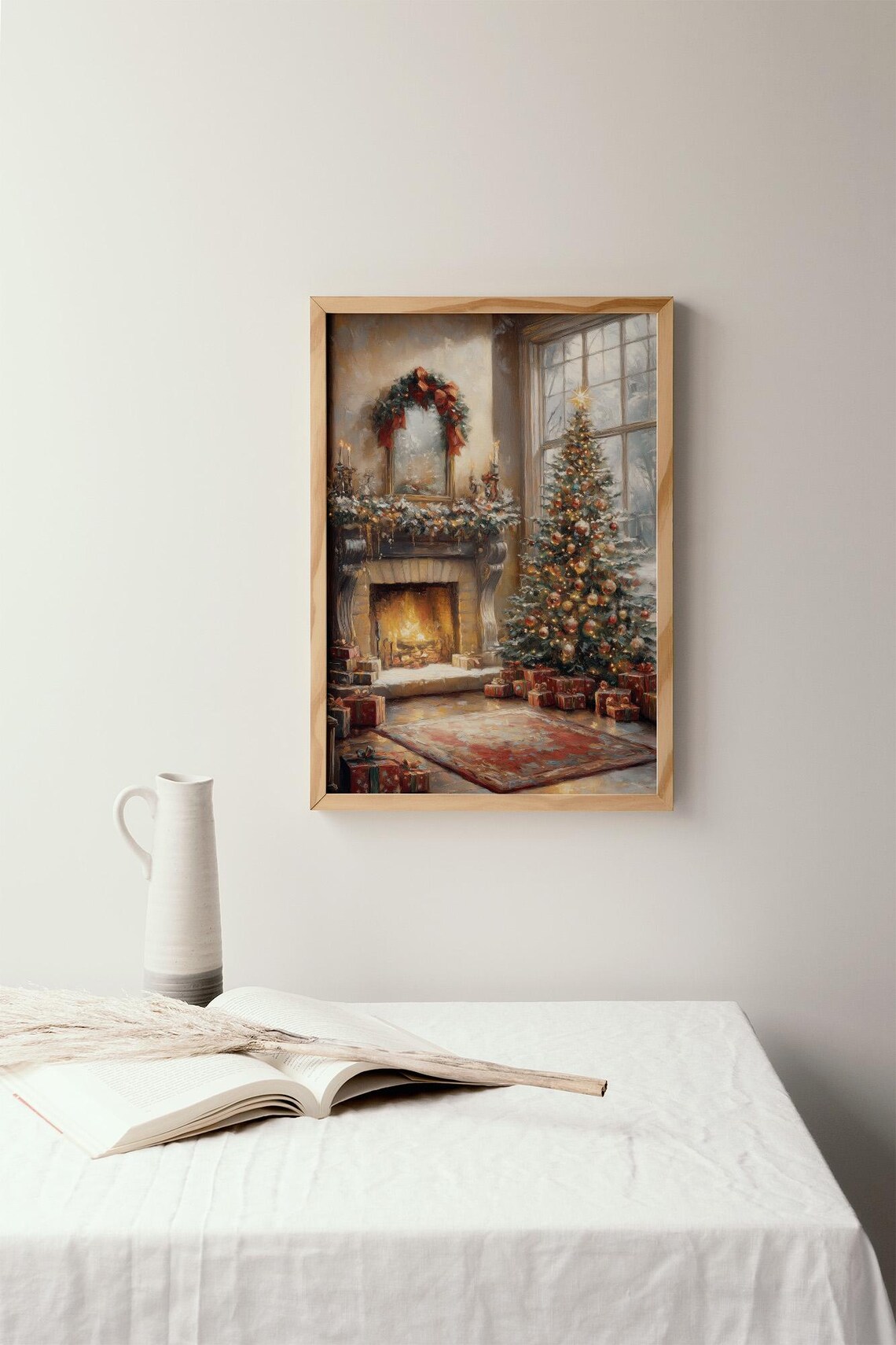 Cozy Christmas Fireplace Oil Painting Tree Gifts Holiday Poster - Image 2