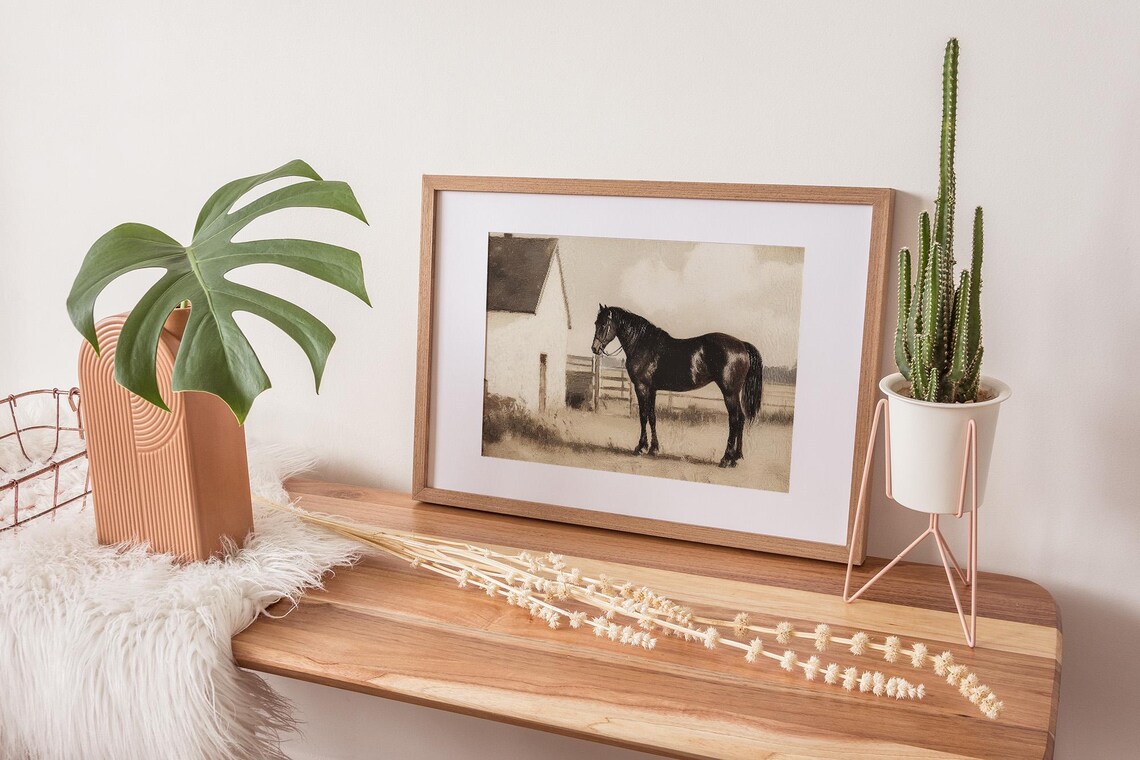 Vintage Horse Stable Scene Art Print, Rustic Farm - Image 2