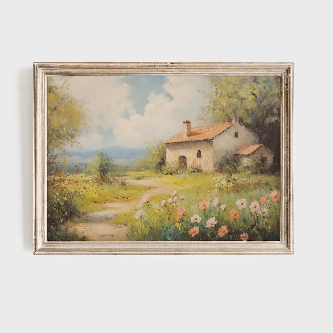 Mediterranean Farmhouse With Wildflowers Along a Country Lane Poster