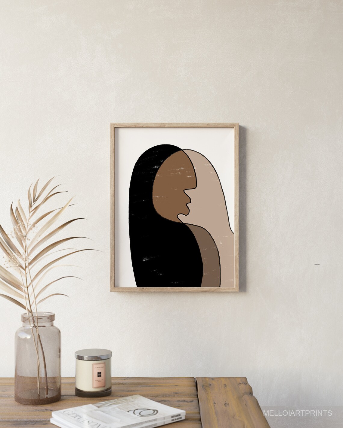 Overlapping Faces Profiles Black Brown Beige Abstract Modern Art Poster - Image 3
