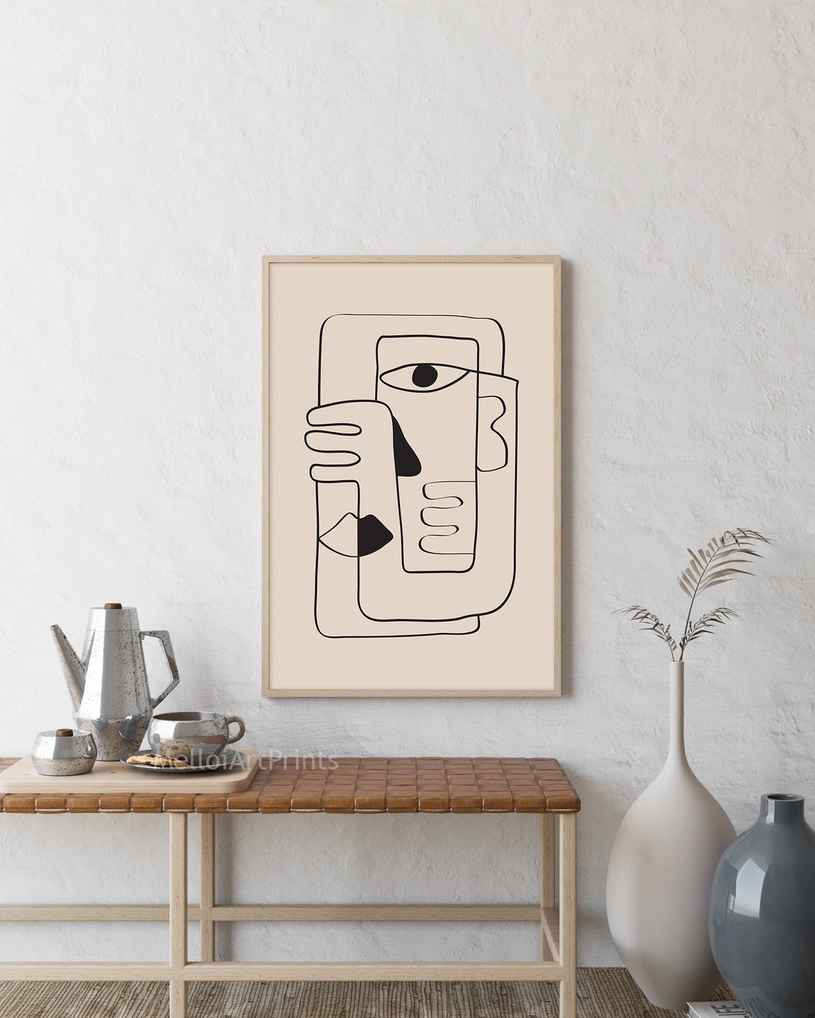 Abstract Face Continuous Line Drawing Beige Minimalist Wall Art - Image 2