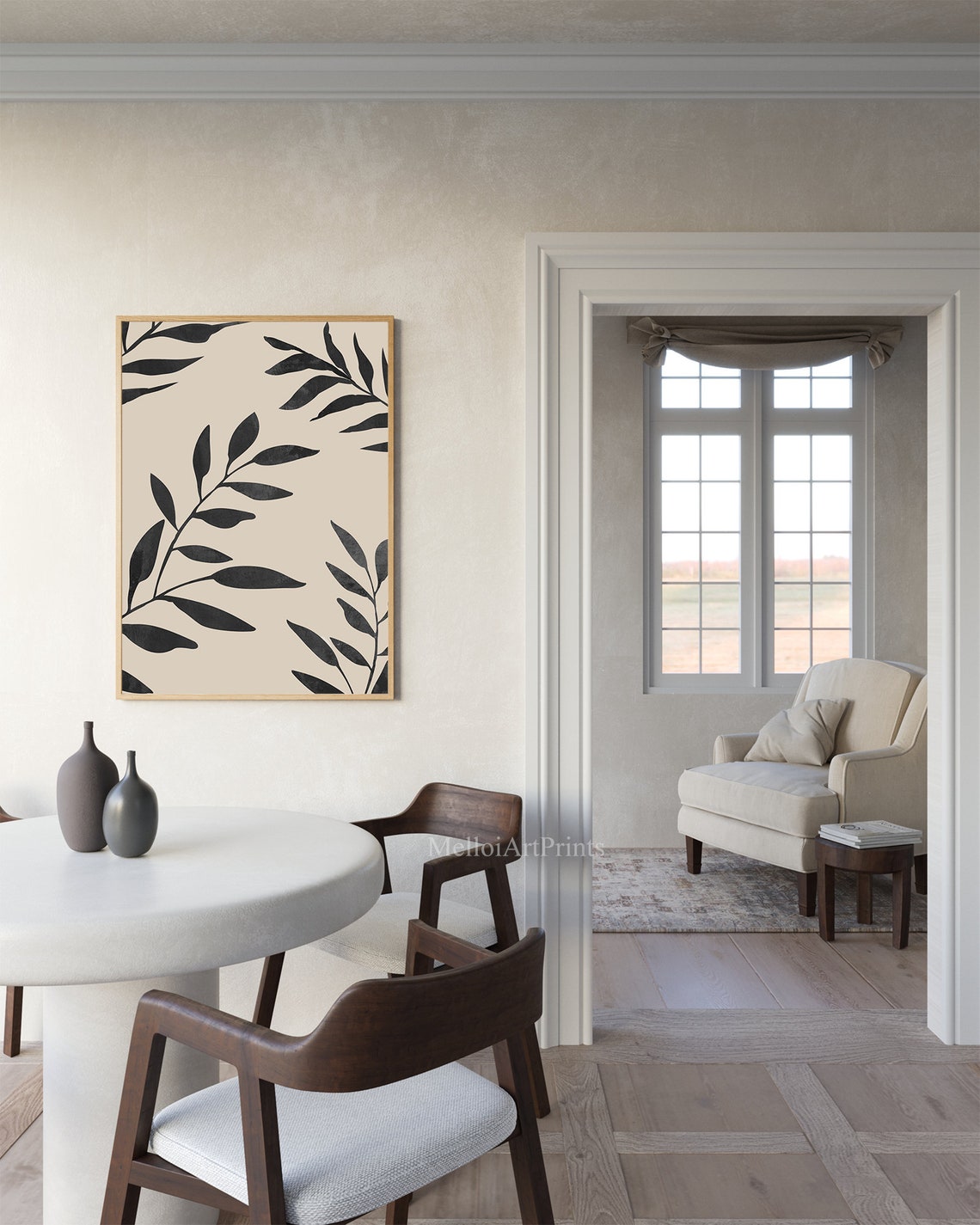 Black Leaf Branches Botanical Art Beige Modern Minimal Wall Poster - Image 2