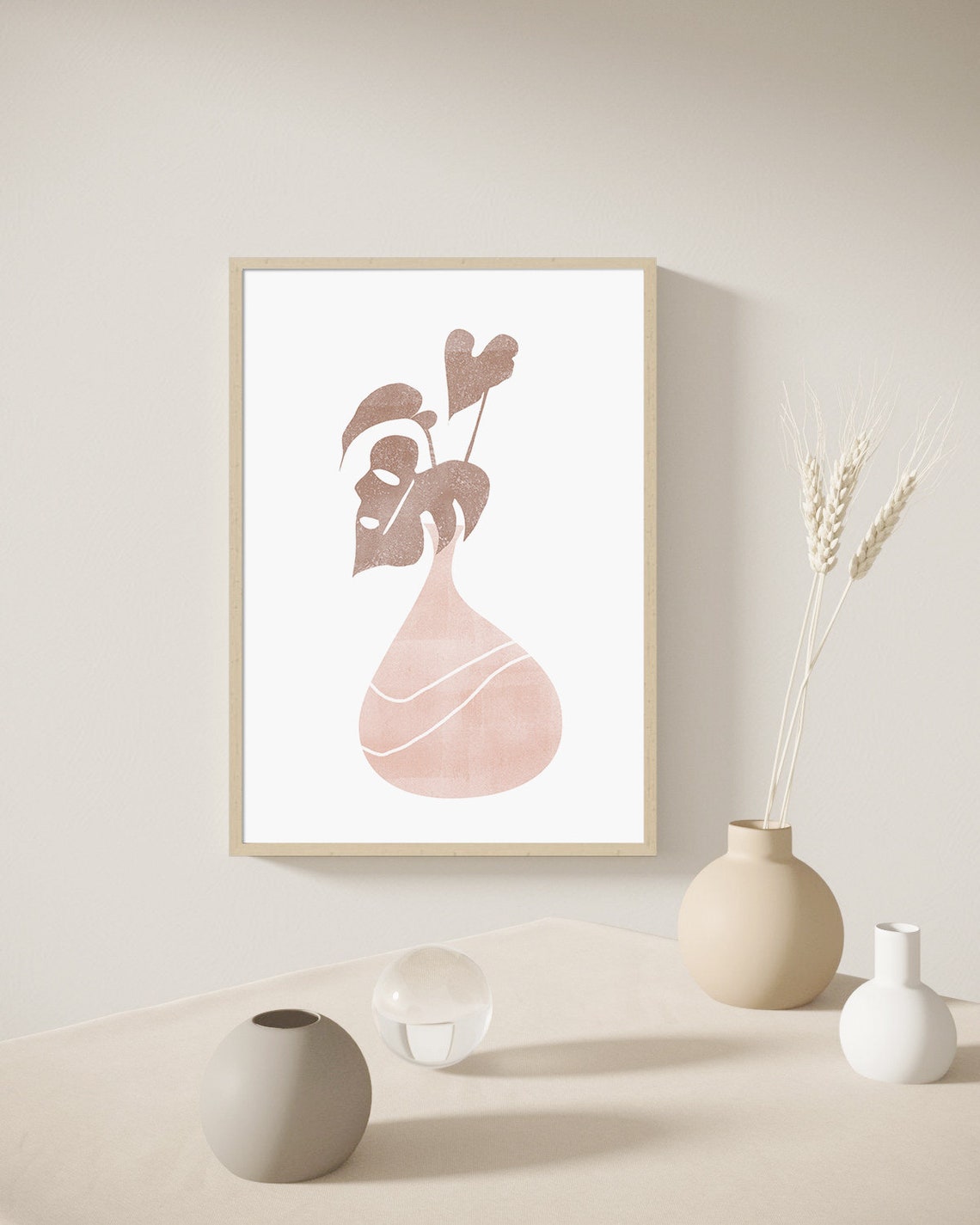 Taupe Monstera Leaf in Pink Vase Minimalist Botanical Art Poster - Image 2
