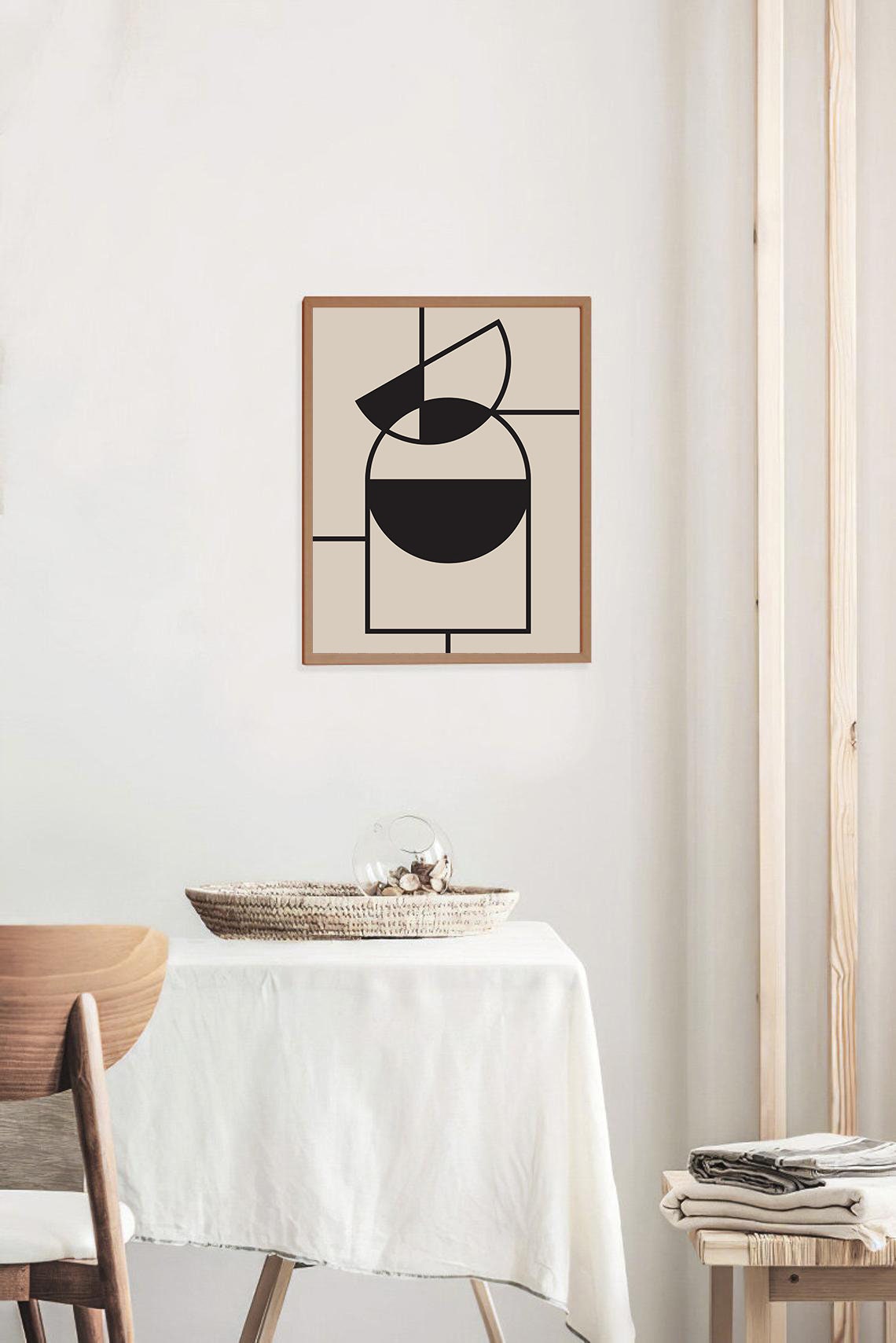 Black Geometric Line Art Beige Abstract Circles Minimalist Poster - Image 3