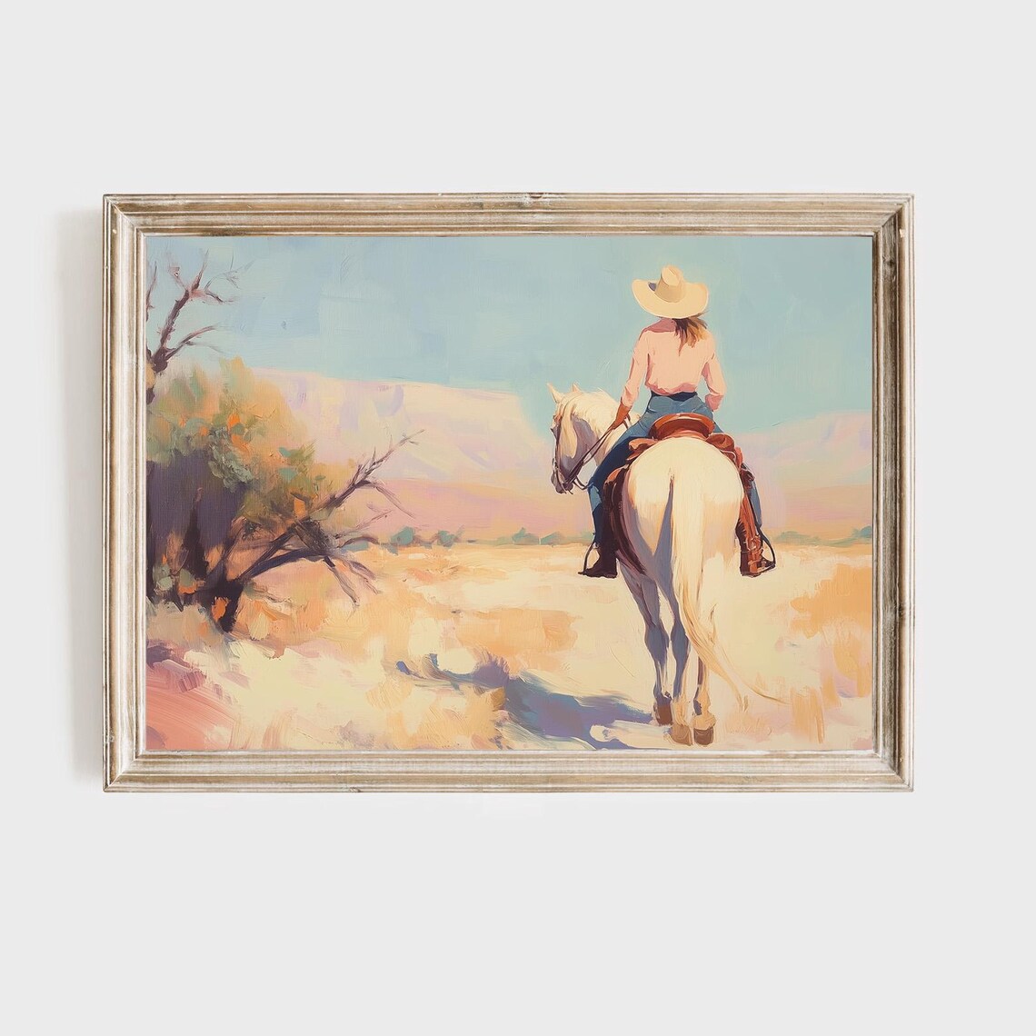 Cowgirl Riding a White Horse Into a Desert Canyon Western Art Poster