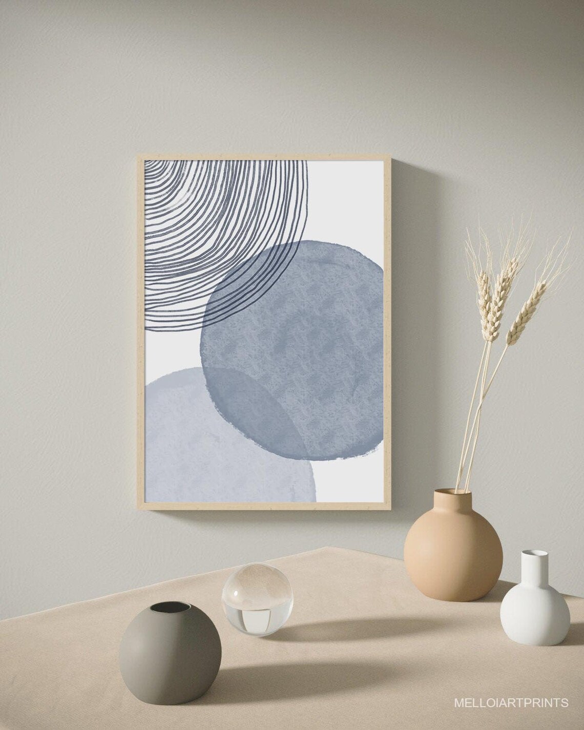 Blue Gray Geometric Circle Line Art Print