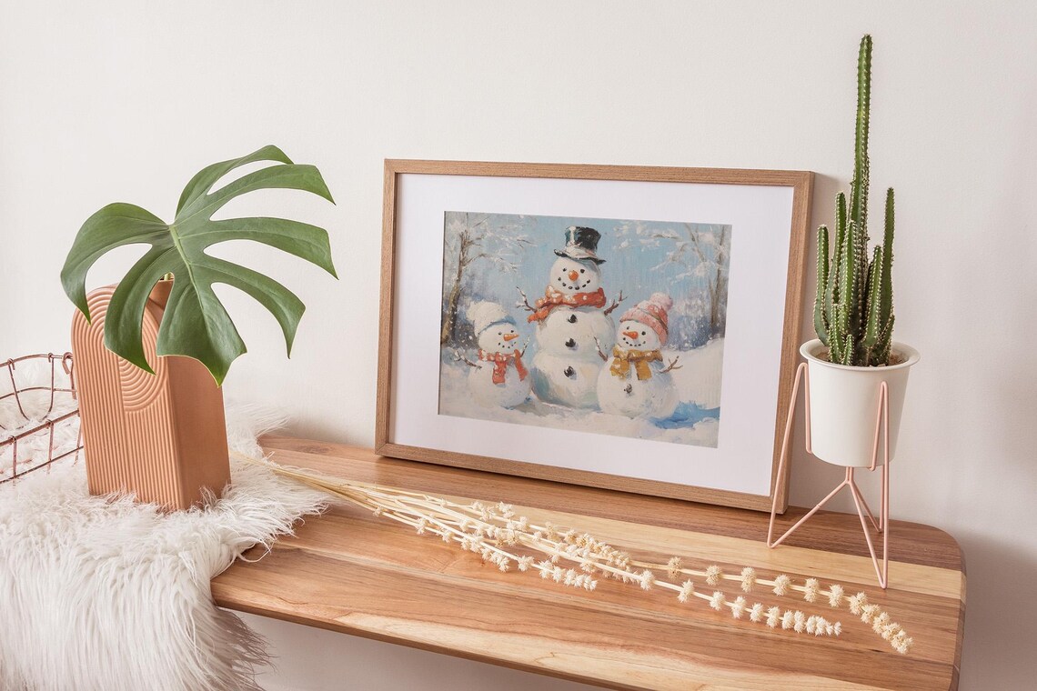 Snowman Family Winter Wonderland Cheerful Holiday Painting Poster - Image 2
