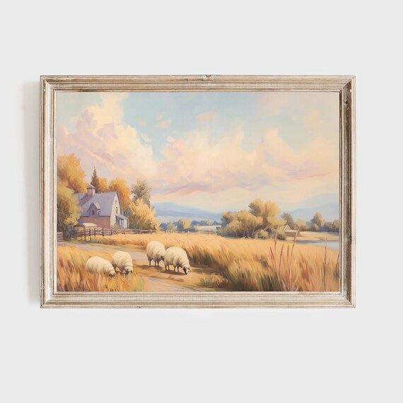Golden Sheep Farm Landscape Painting Autumn Barn Field Art Print