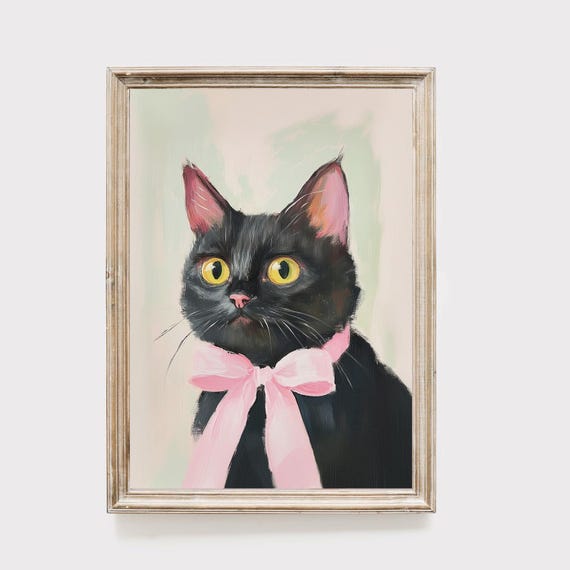 Black Cat Portrait Art Print, Girly Cat Decor