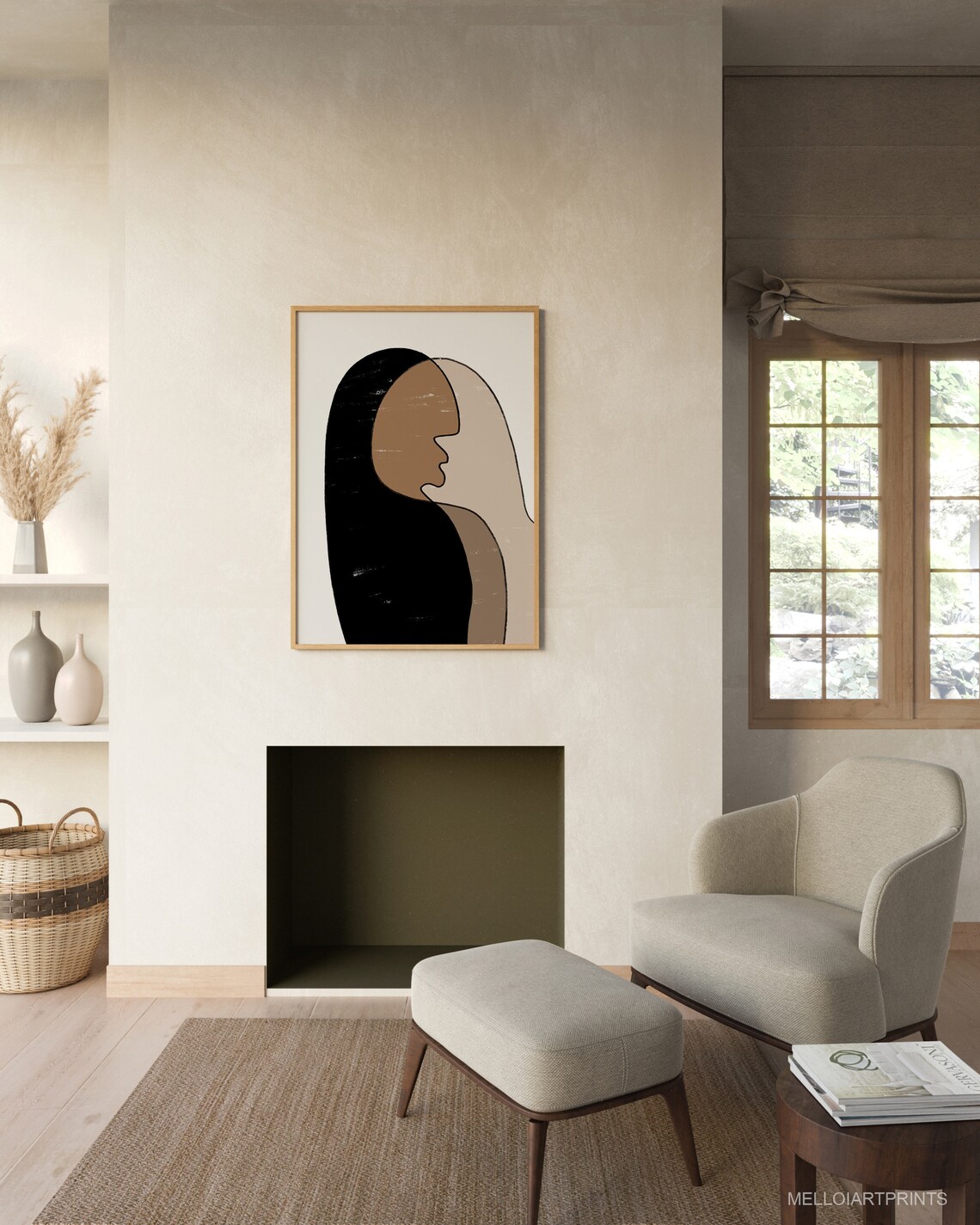 Overlapping Faces Profiles Black Brown Beige Abstract Modern Art Poster - Image 2