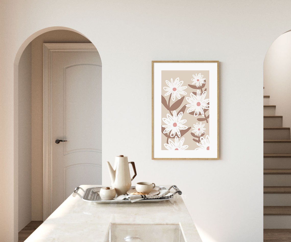 White Daisy Floral Pattern with Pink Centers on Beige Botanical Poster - Image 2