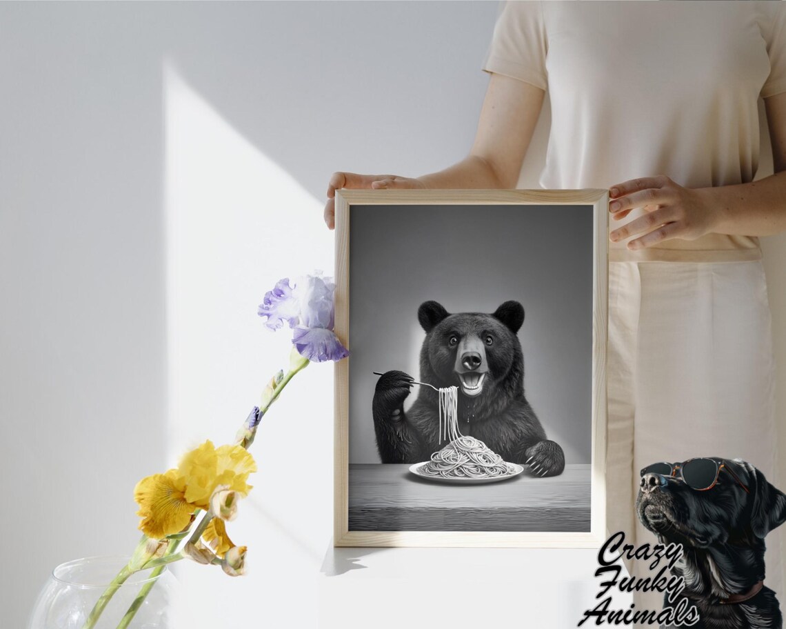Bear Happily Eating Spaghetti with a Fork Funny Kitchen Black and White Poster - Image 3