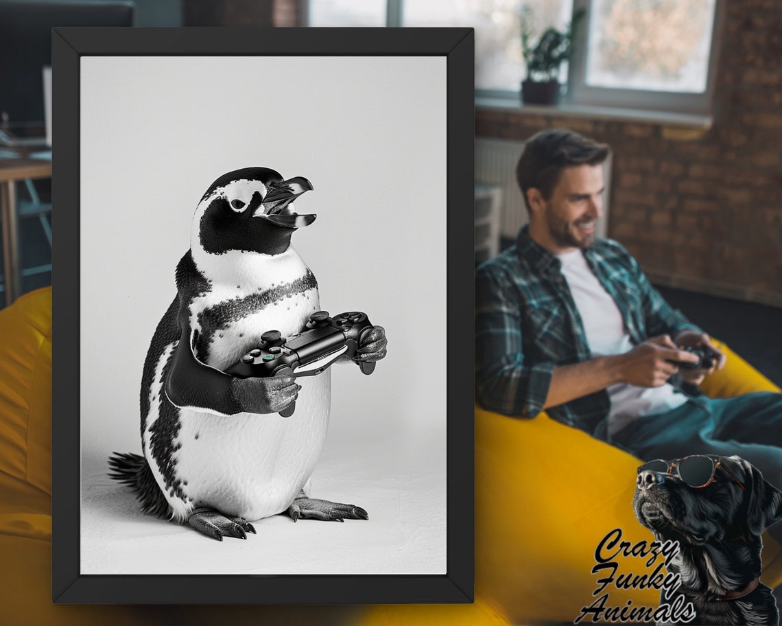 Cheerful Penguin Gamer Holding a Game Controller Funny Poster - Image 3