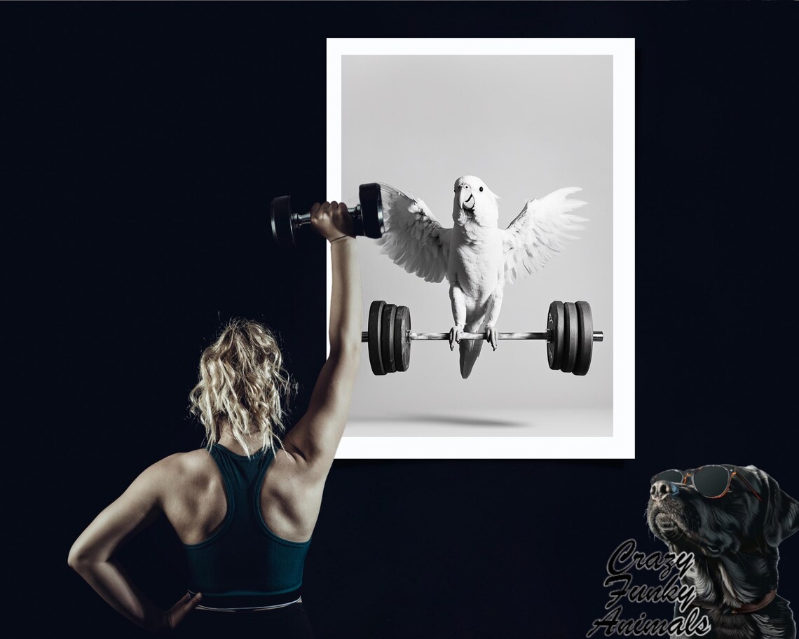 Funny Cockatoo with Spread Wings Standing on a Barbell Gym Poster - Image 3