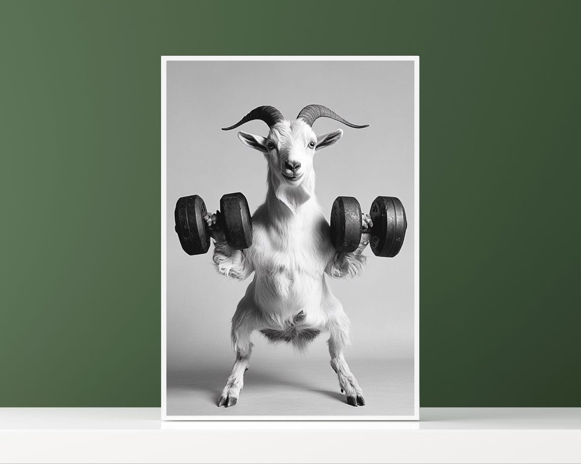 Funny Fitness Poster Goat With Dumbbells Humorous Animal Art Gift For Fitness Fans Animal Illustration - Image 2