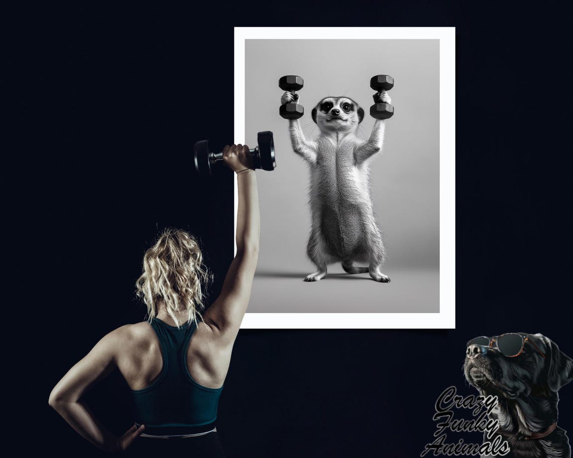 Funny Fitness Poster Meerkat With Dumbbells Humorous Animal Art Gift For Fitness Enthusiasts Animal Illustration - Image 3