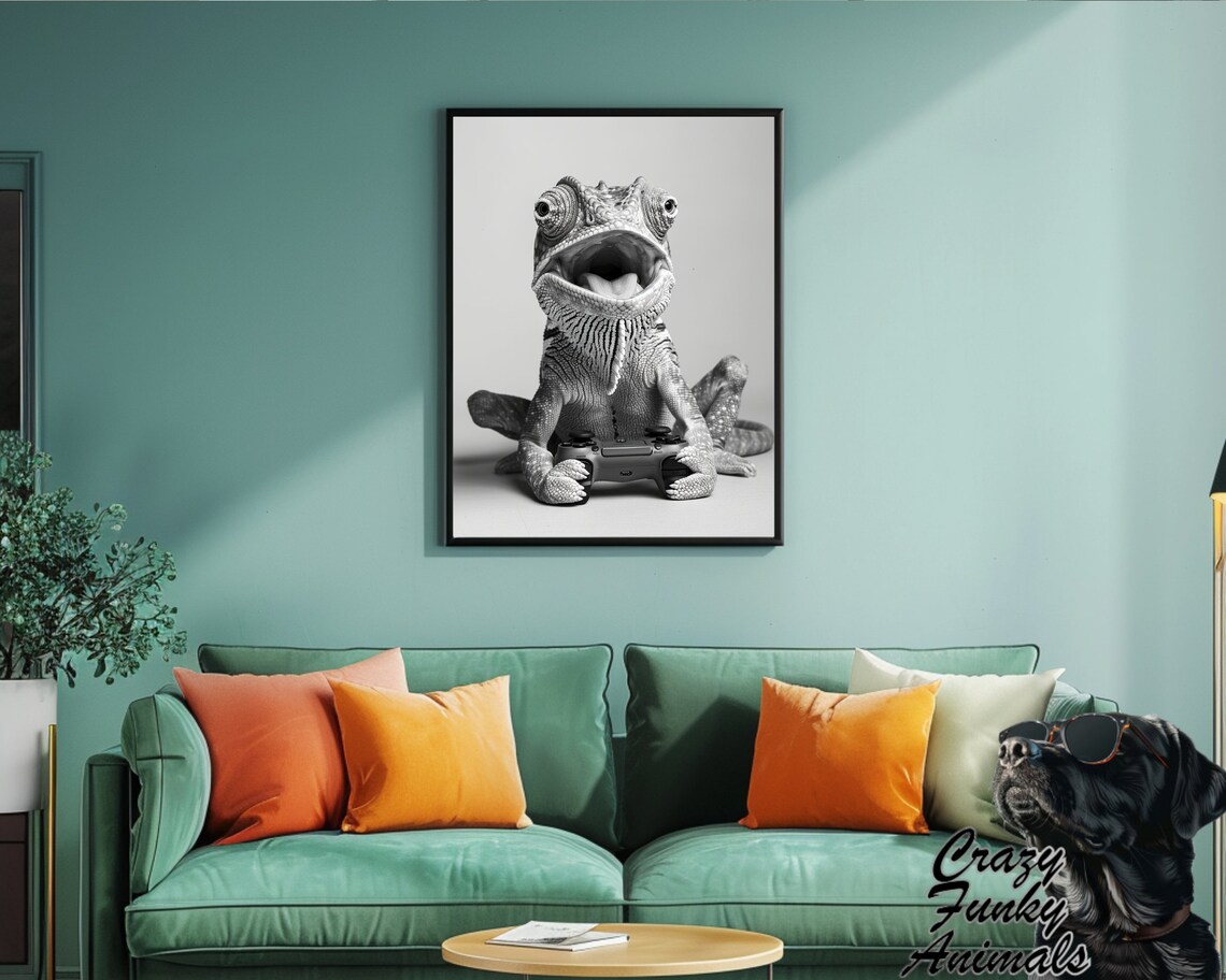 Funny Chameleon Poster Chameleon With Controller Gamer Gift Humorous Animal Art Wall Decor For Gaming Rooms - Image 2