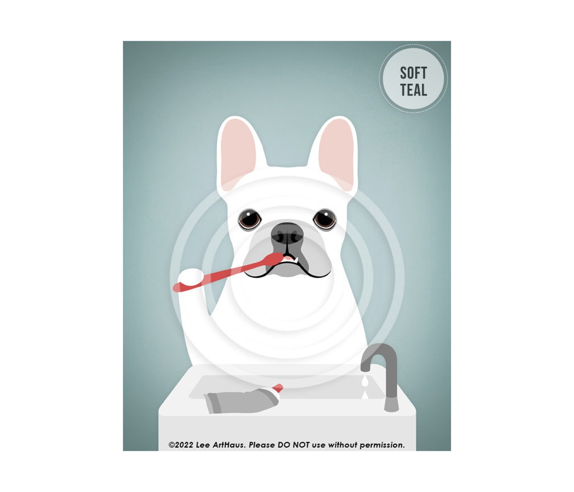 White French Bulldog Brushing Teeth At Sink Funny Dog Art Poster - Image 4