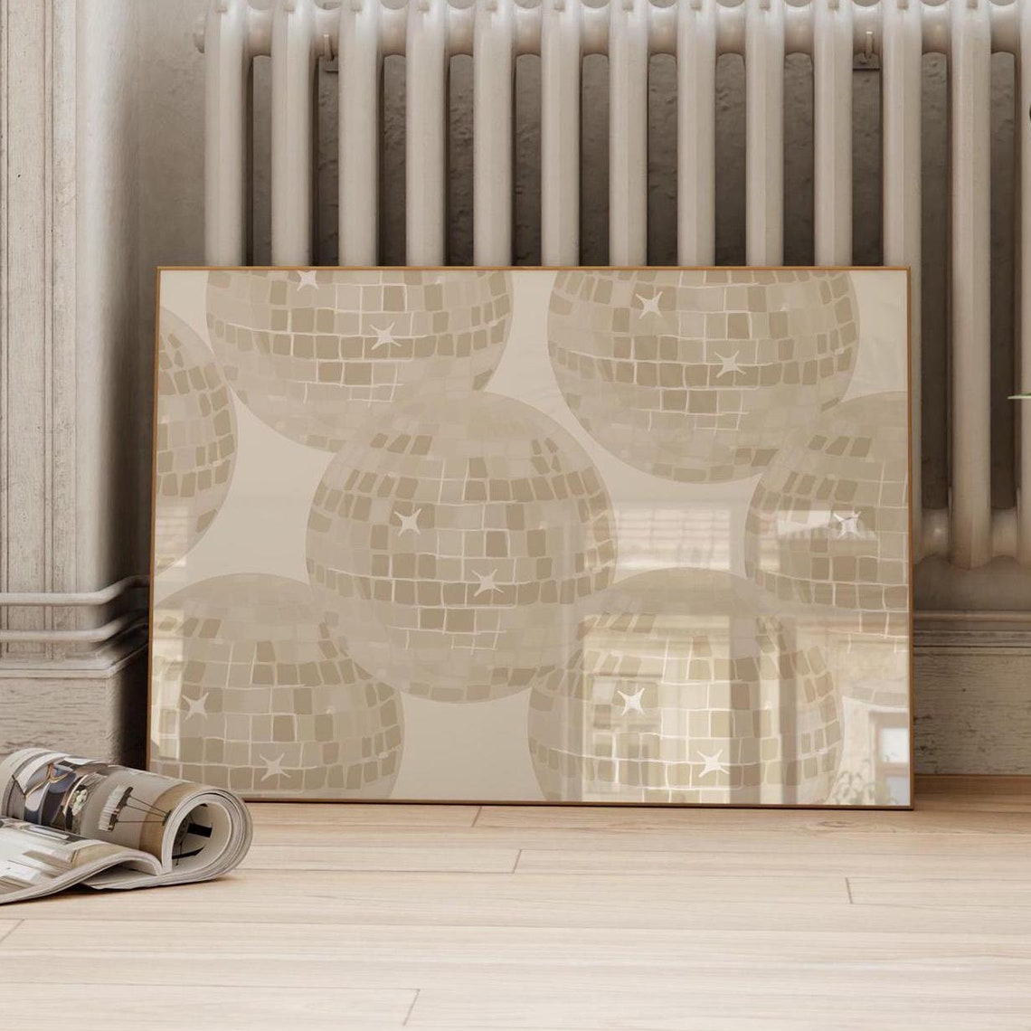 Beige Disco Ball Pattern Horizontal Retro Party Sparkle Poster