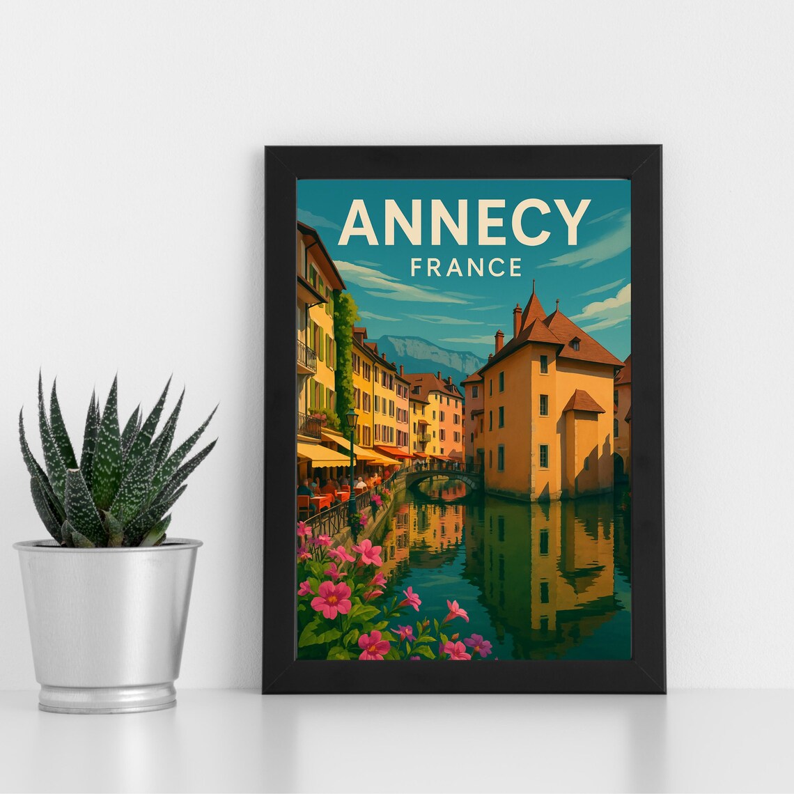 Annecy France Canal Old Town Mountains Vintage Travel Poster