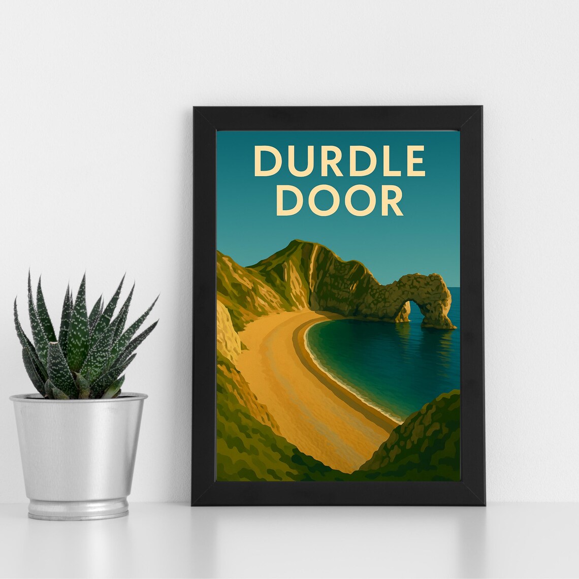 Durdle Door Limestone Arch Beach Golden Hour Vintage Travel Poster