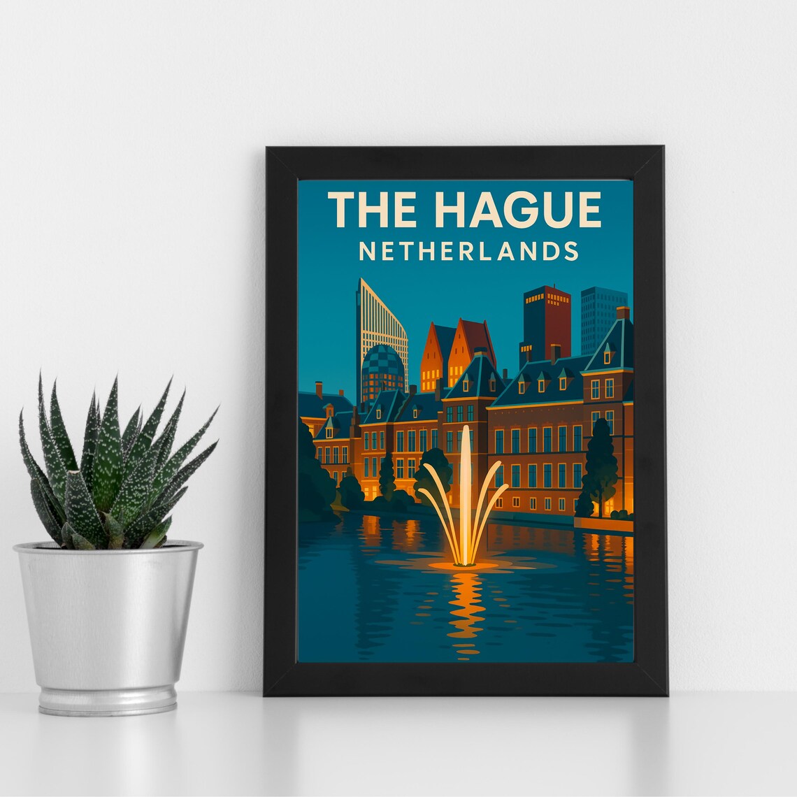 The Hague Netherlands Hofvijver Fountain Retro Travel Poster
