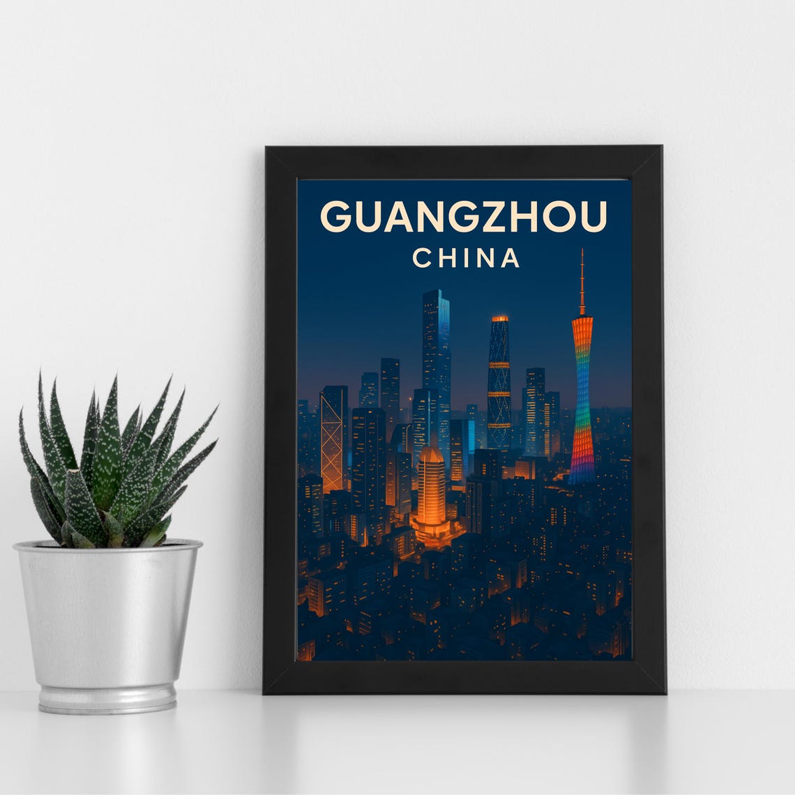 Guangzhou China Night Skyline With Canton Tower Travel Poster