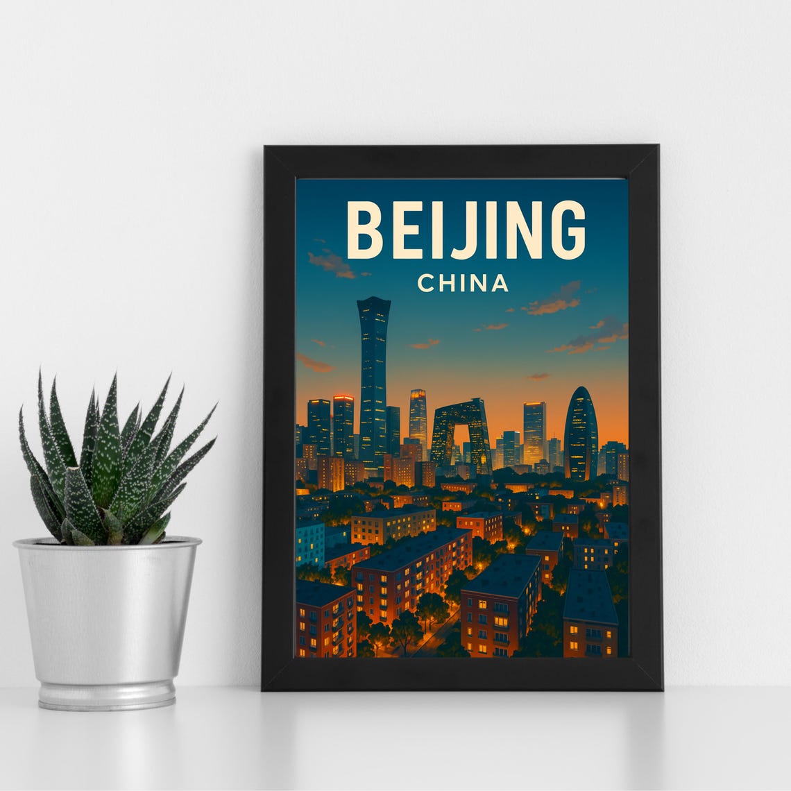 Beijing China Sunset Skyline Featuring CCTV Tower Travel Poster