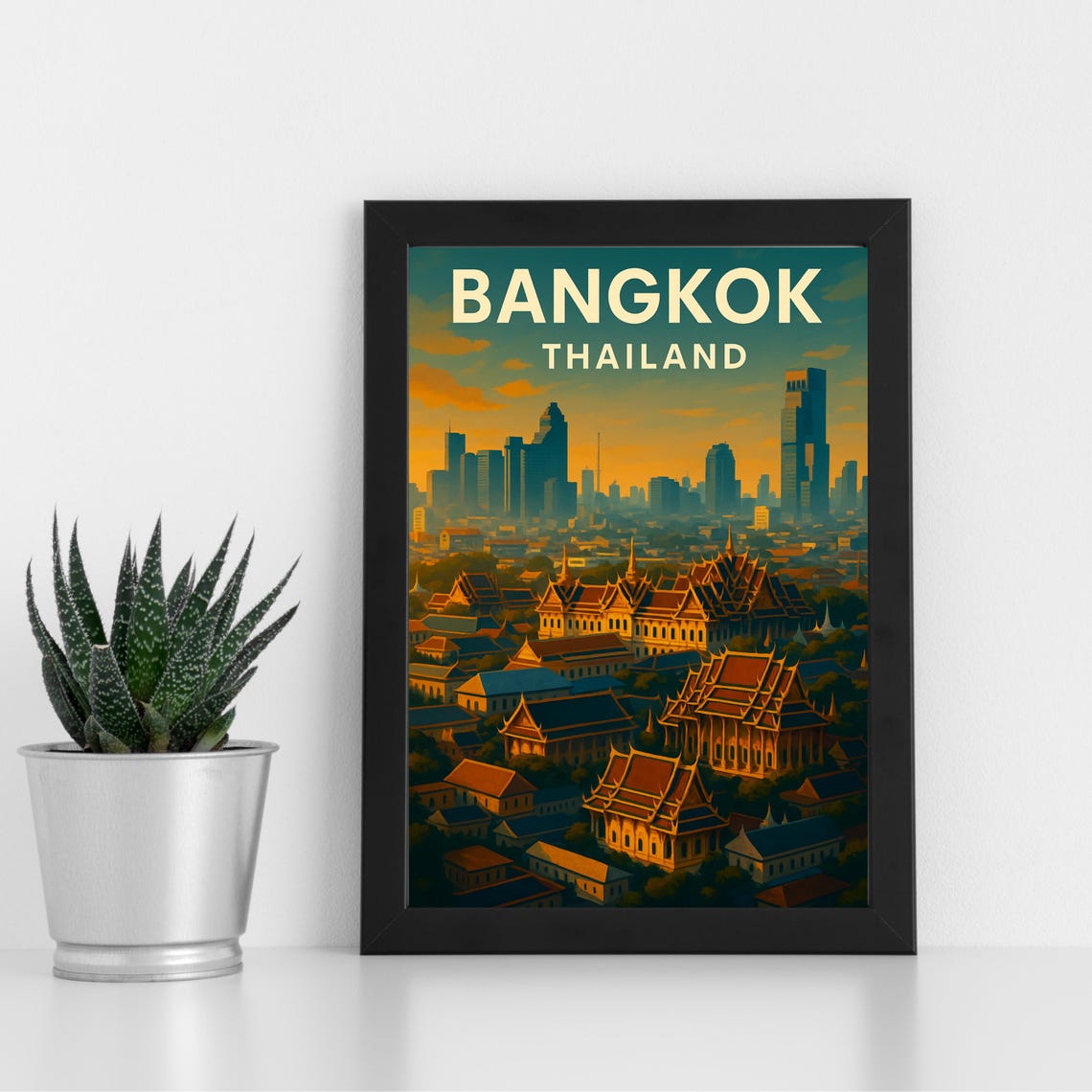Bangkok Thailand Golden Temple Skyline Warm Sunset Scene Poster