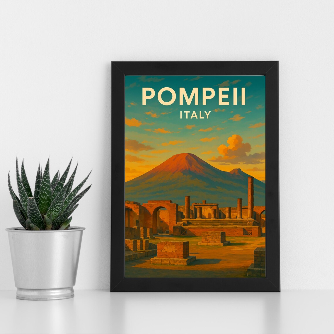 Pompeii Italy Ruins and Mount Vesuvius Vintage Travel Poster