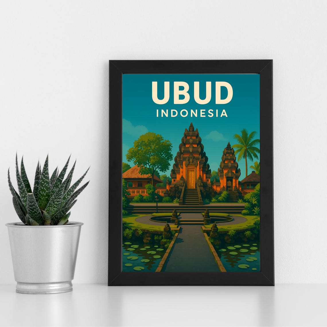 Ubud Bali Lotus Pond Temple Gateway Retro Travel Art Poster Gift
