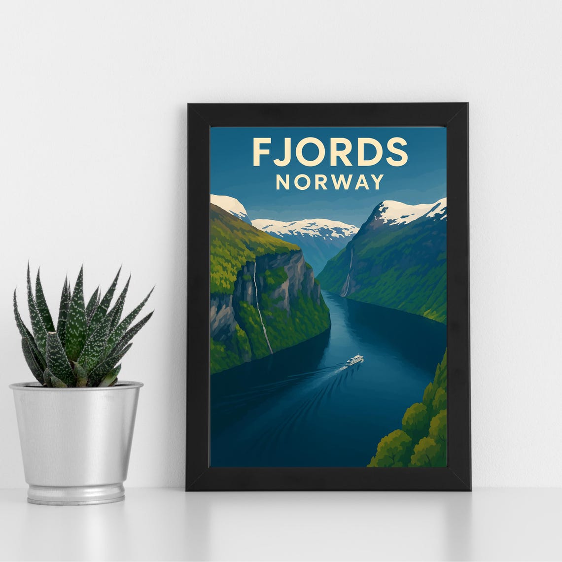 Fjords Norway Waterfall Cruise Ship Deep Blue Vintage Poster