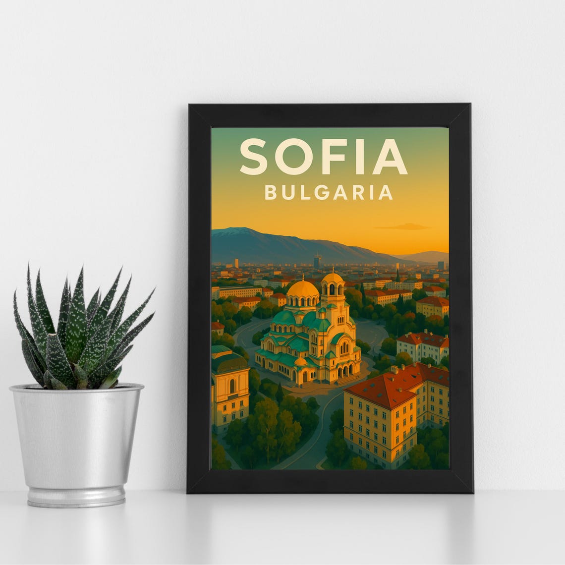 Sofia Bulgaria Sunset Cityscape Alexander Nevsky Retro Travel Poster