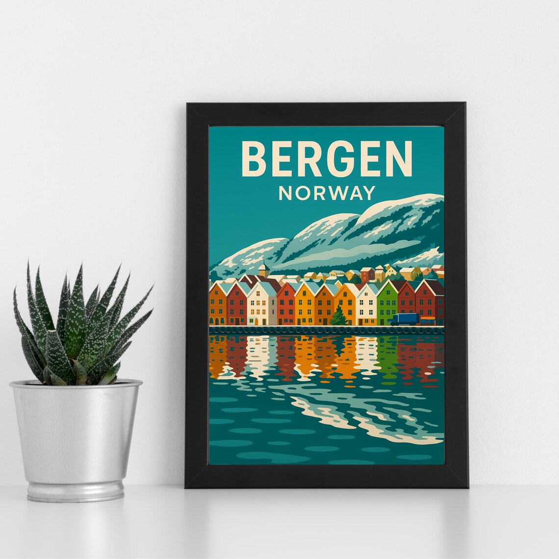 Bergen Norway Bryggen Harbor Colorful Houses Mountain Travel Poster