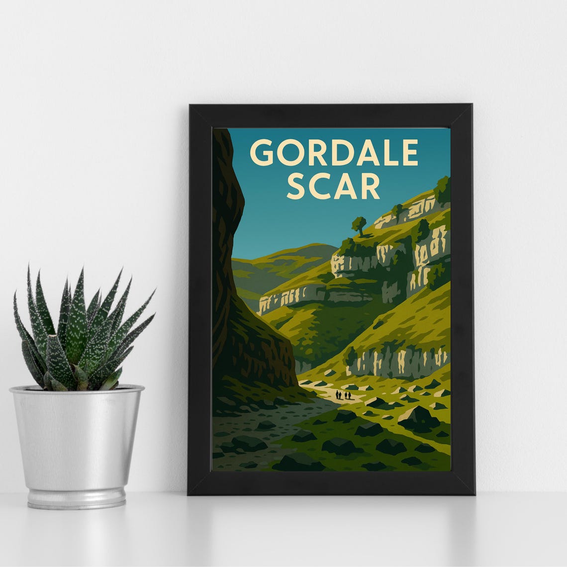 Gordale Scar Limestone Gorge Hikers View Vintage Travel Poster