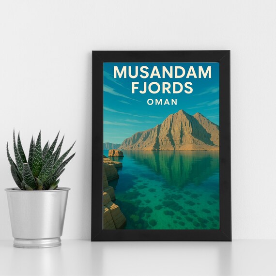 Musandam Fjords Oman Retro Travel Poster Turquoise Bay Illustration