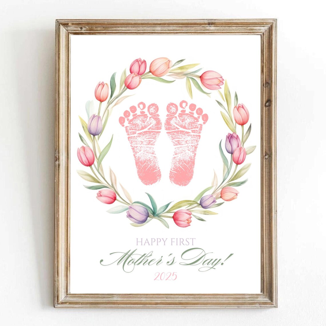 Baby Footprint First Mother's Day Pink Tulip Wreath Keepsake Poster