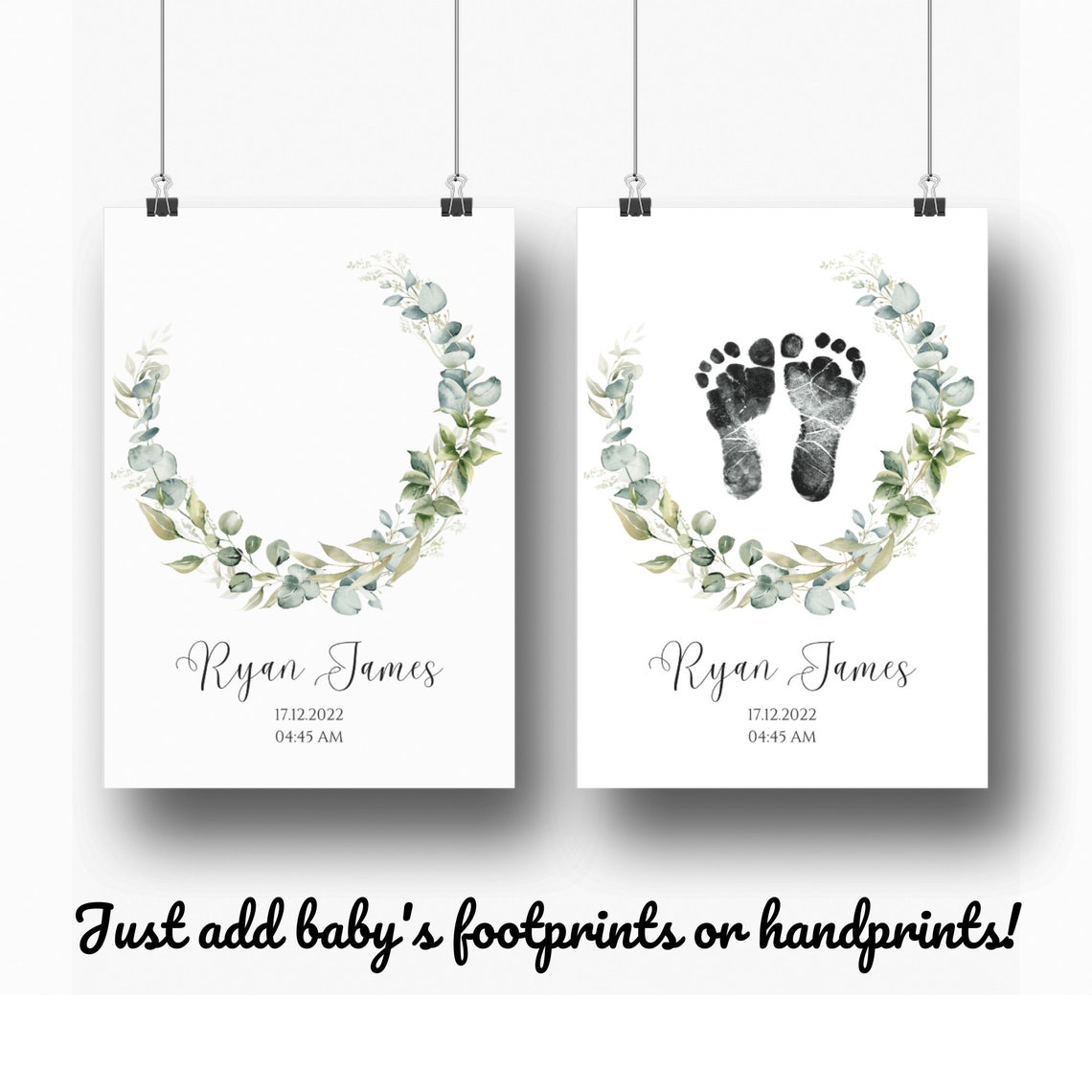 Personalized Baby Footprint Birth Print Silver Eucalyptus Poster - Image 2