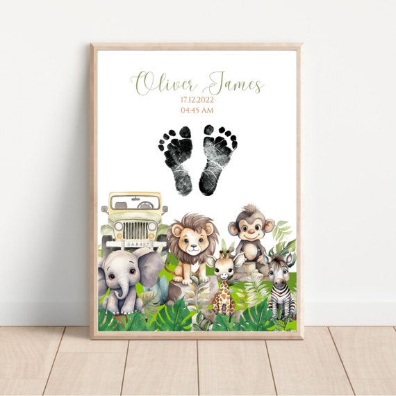 Jungle Animals Wall Art With Babys Footprints Custom Nursery Decor Newborn Name Reveal