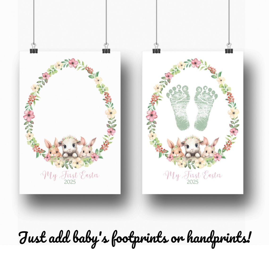 My First Easter Sage Footprint Trio Of Bunnies Floral Wreath Art Print - Image 3
