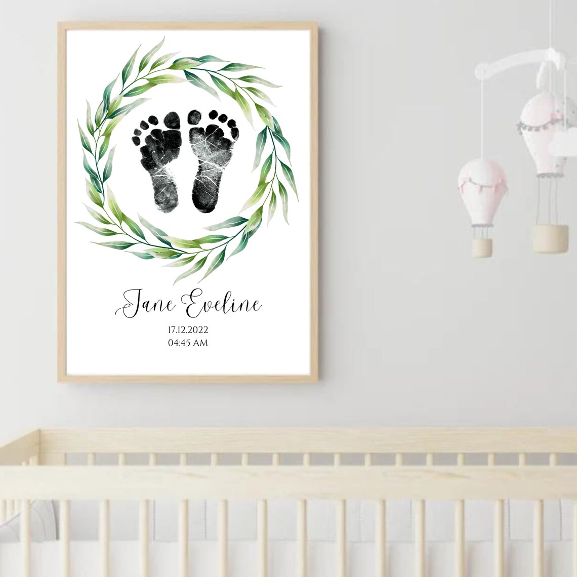 Personalized Baby Footprint Birth Print Green Leaf Wreath Poster - Image 2
