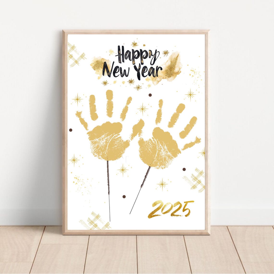 Happy New Year 2025 Gold Handprint Sparkler Fireworks Kids Craft Print - Image 2