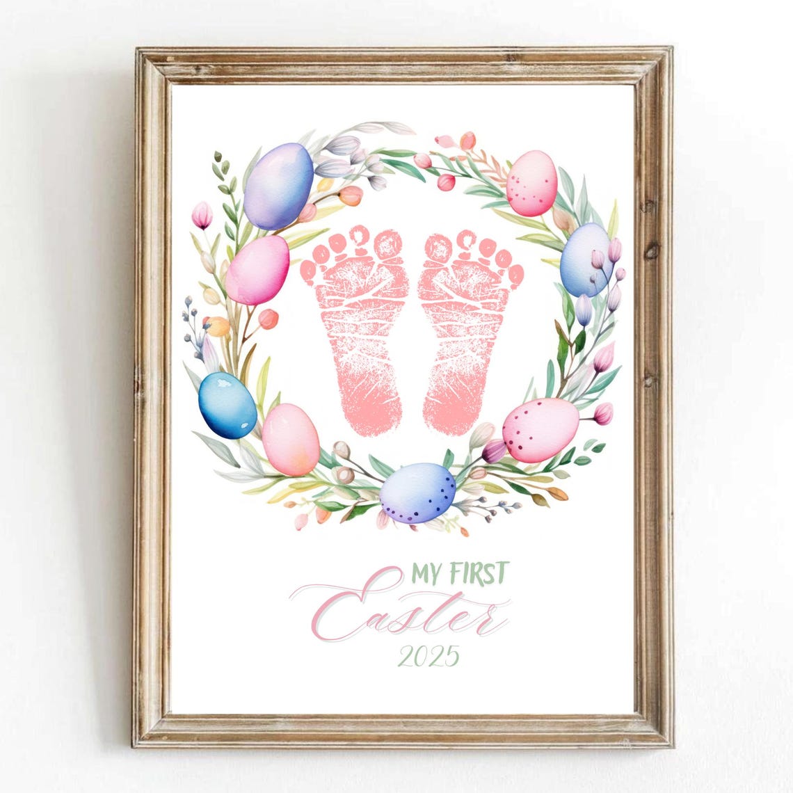 Baby Footprint First Easter Pink Pastel Egg Wreath Keepsake Poster