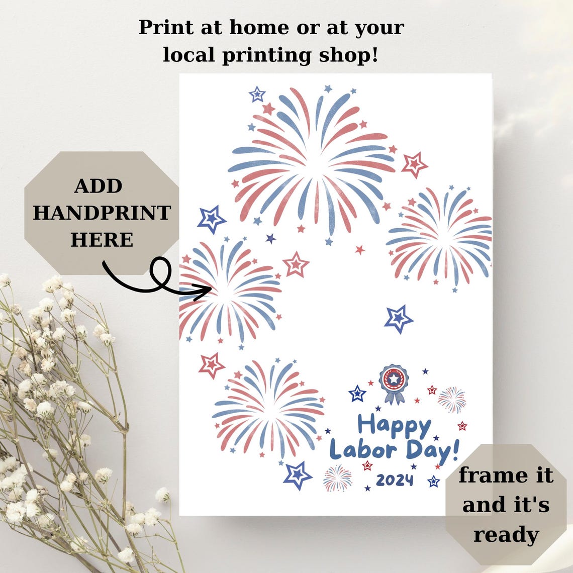 Happy Labor Day 2024 Blue Handprint Patriotic Fireworks Kids Craft Art - Image 3