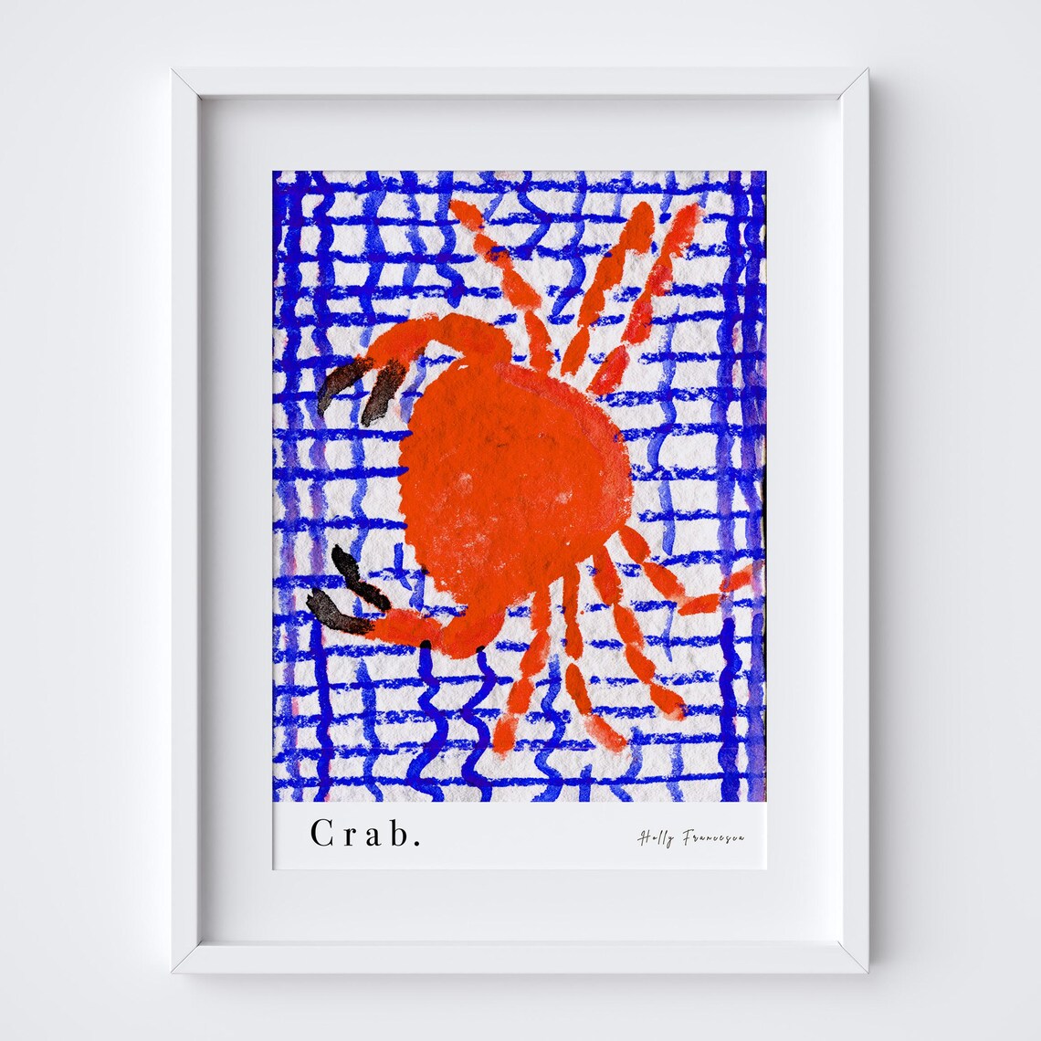 Crab On Blue Tablecloth Art Print, Coastal Illustration