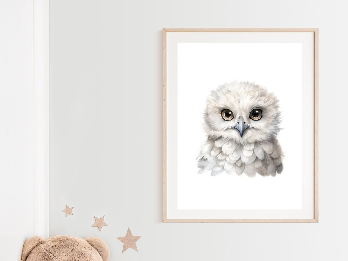 Snowy Owl Chick Watercolor Cute Arctic Nursery Animal Poster - Image 2
