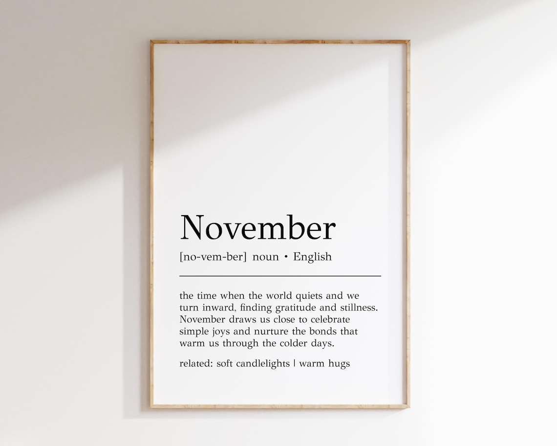 November Dictionary Definition Print, Cozy Autumn Wall Decor