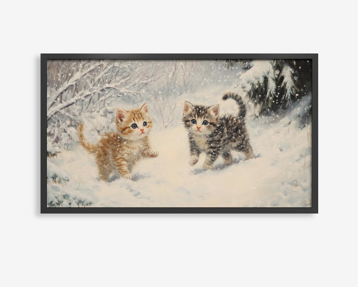 Two Kittens Playing in Snow Cute Winter Kitten Frame TV Art Poster
