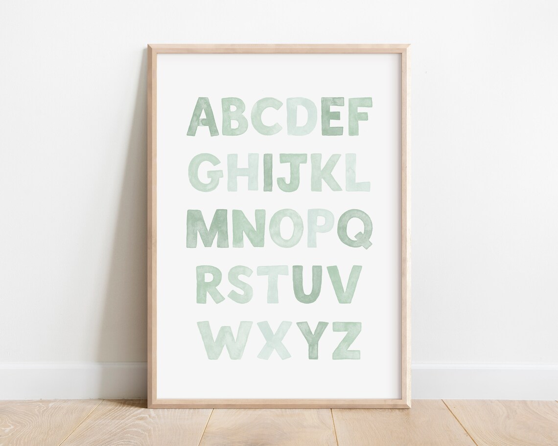 Soft Green Watercolor Alphabet ABC Educational Nursery Poster